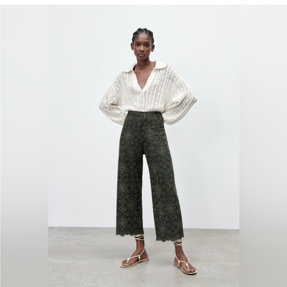 Zara Women’s Cutwork Embroidery Scalloped Trim Cropped Pants | Green | US 2